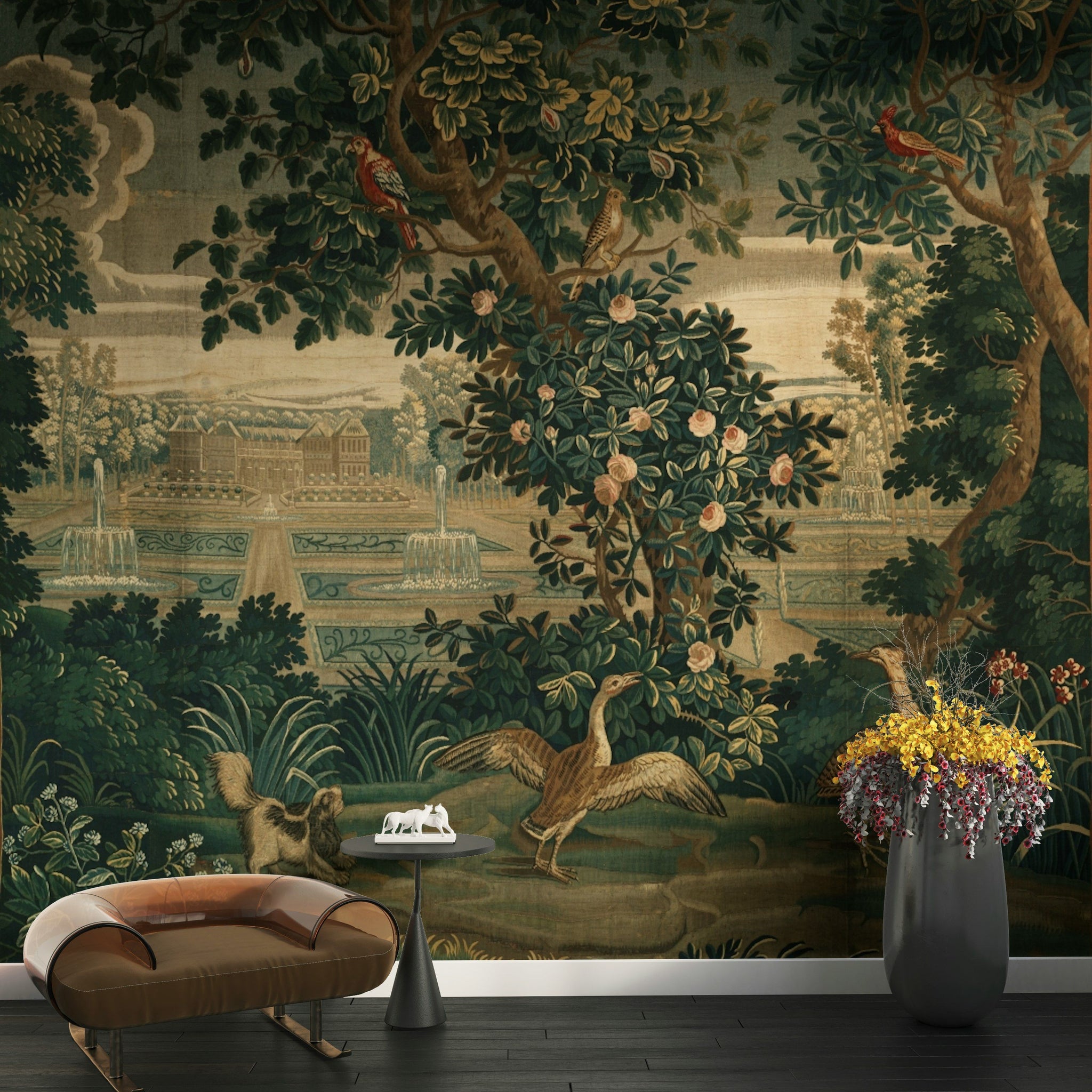 Vintage Green Botanical Tapestry Wall Mural