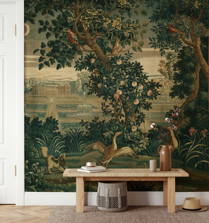 Vintage Green Botanical Tapestry Wall Mural