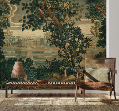 Vintage Green Botanical Tapestry Wall Mural