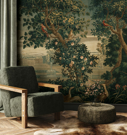 Vintage Green Botanical Tapestry Wall Mural