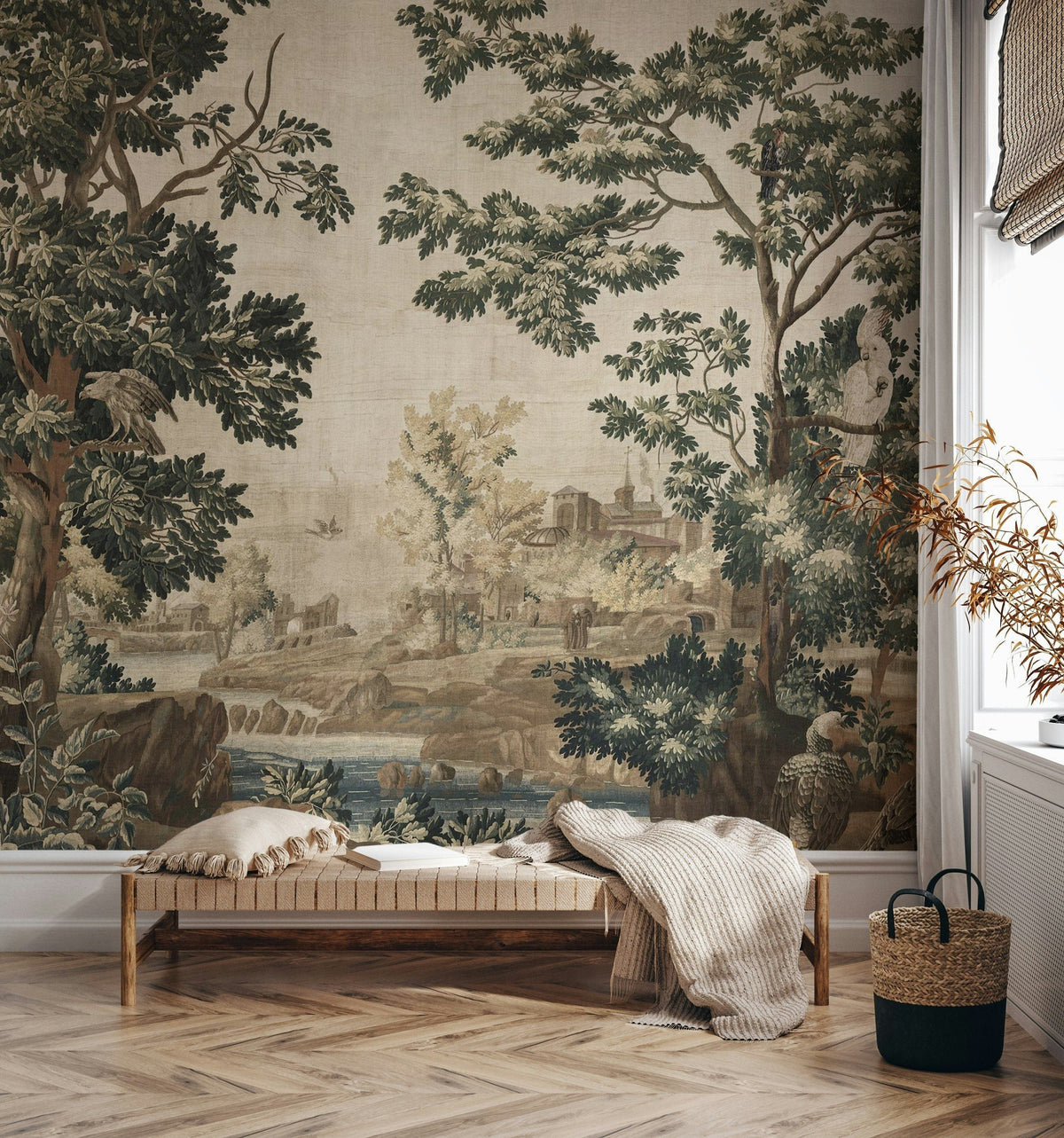 Vintage Beige Woodland Landscape Wall Mural – Ready-to-Ship Outlet