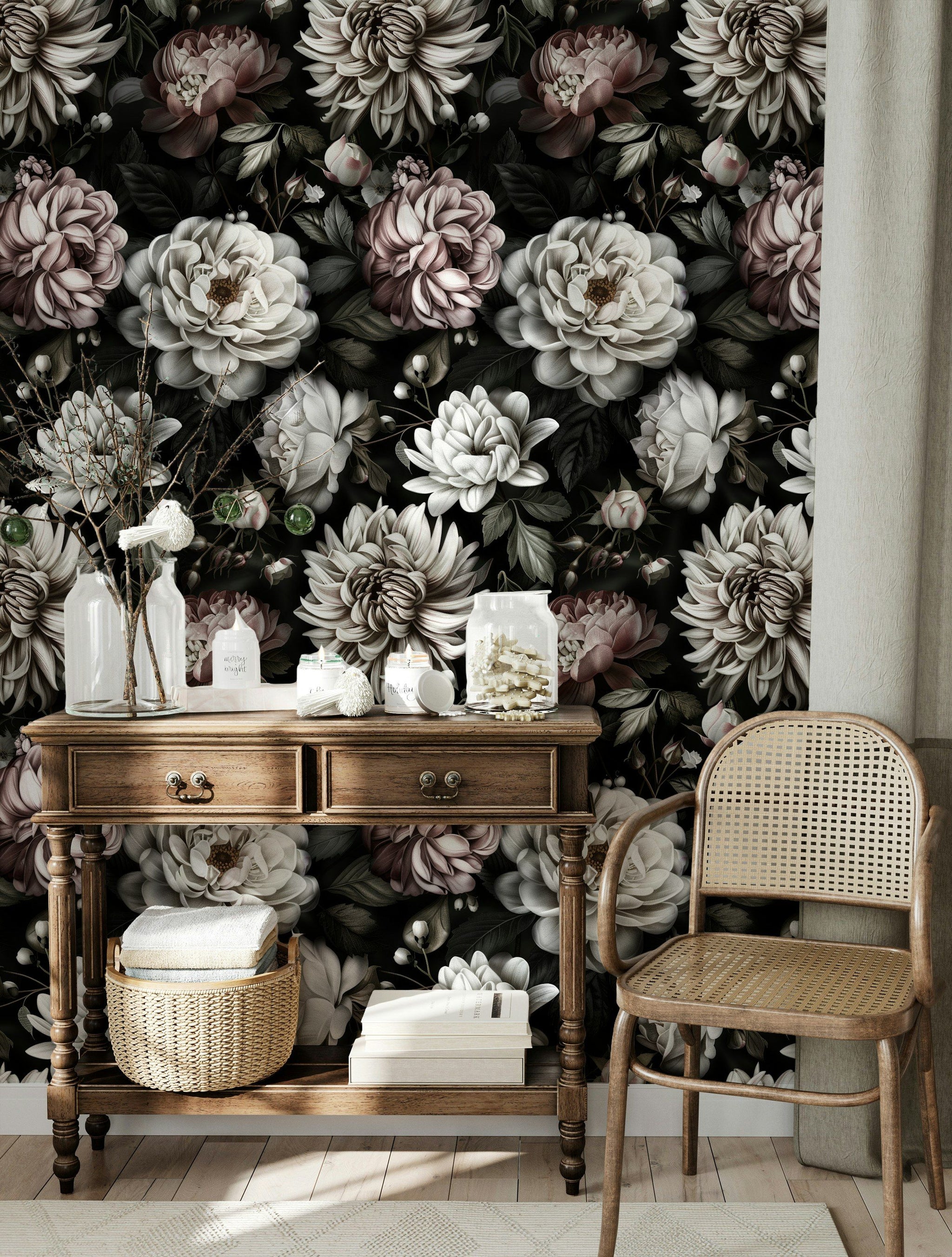 Dark Elegance Large Floral Blossom Wallpaper