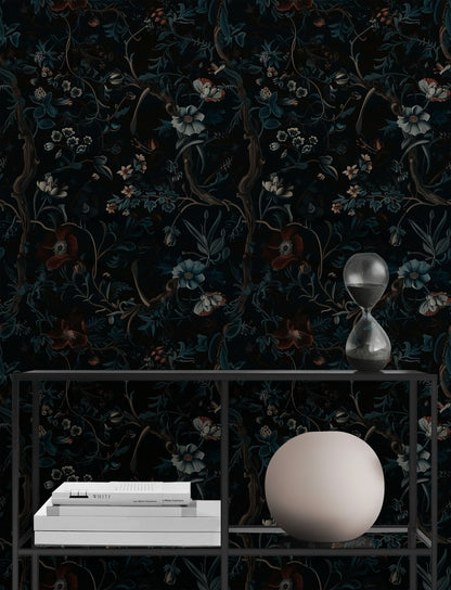 Dark Botanical Night Garden Floral Wallpaper