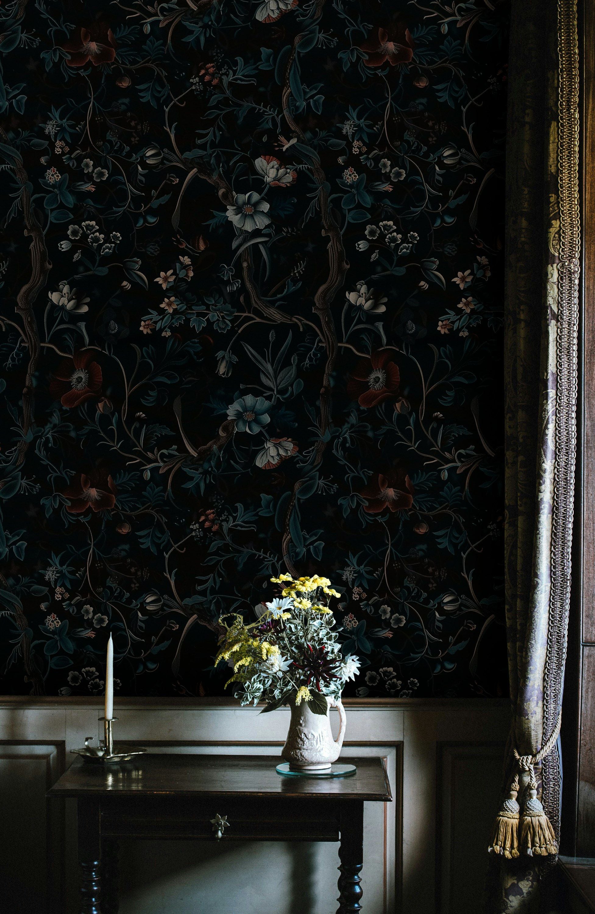 Dark Botanical Night Garden Floral Wallpaper