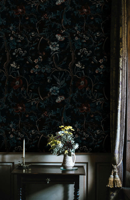 Dark Botanical Night Garden Floral Wallpaper