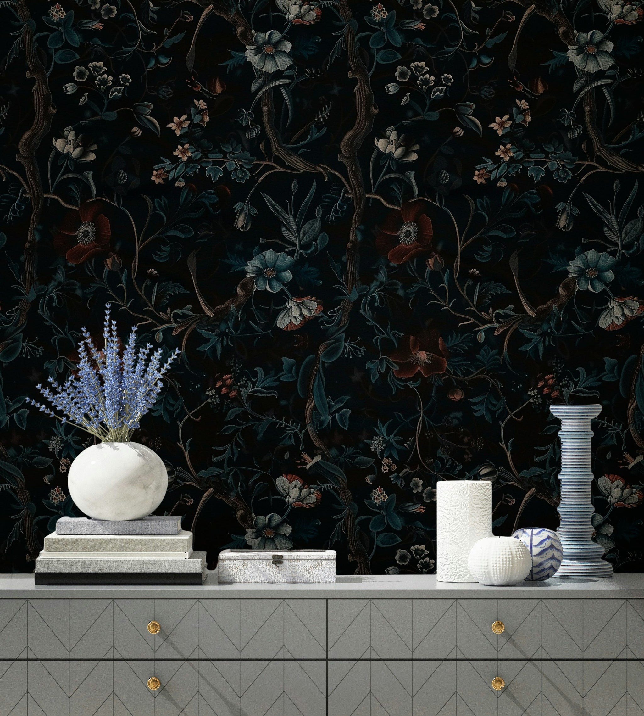 Dark Botanical Night Garden Floral Wallpaper