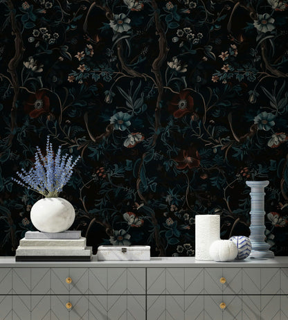 Dark Botanical Night Garden Floral Wallpaper