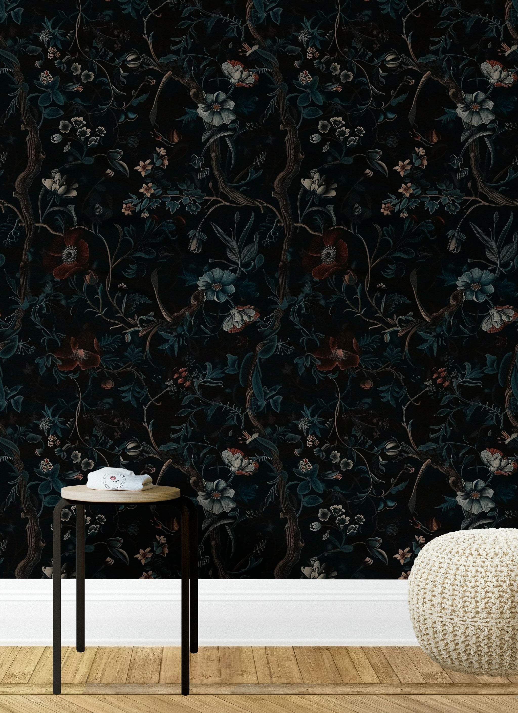 Dark Botanical Night Garden Floral Wallpaper