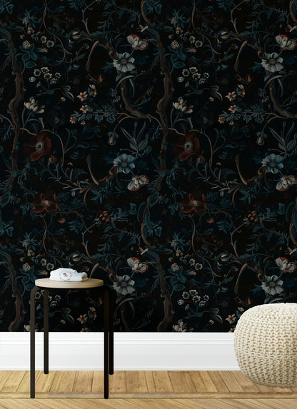 Dark Botanical Night Garden Floral Wallpaper