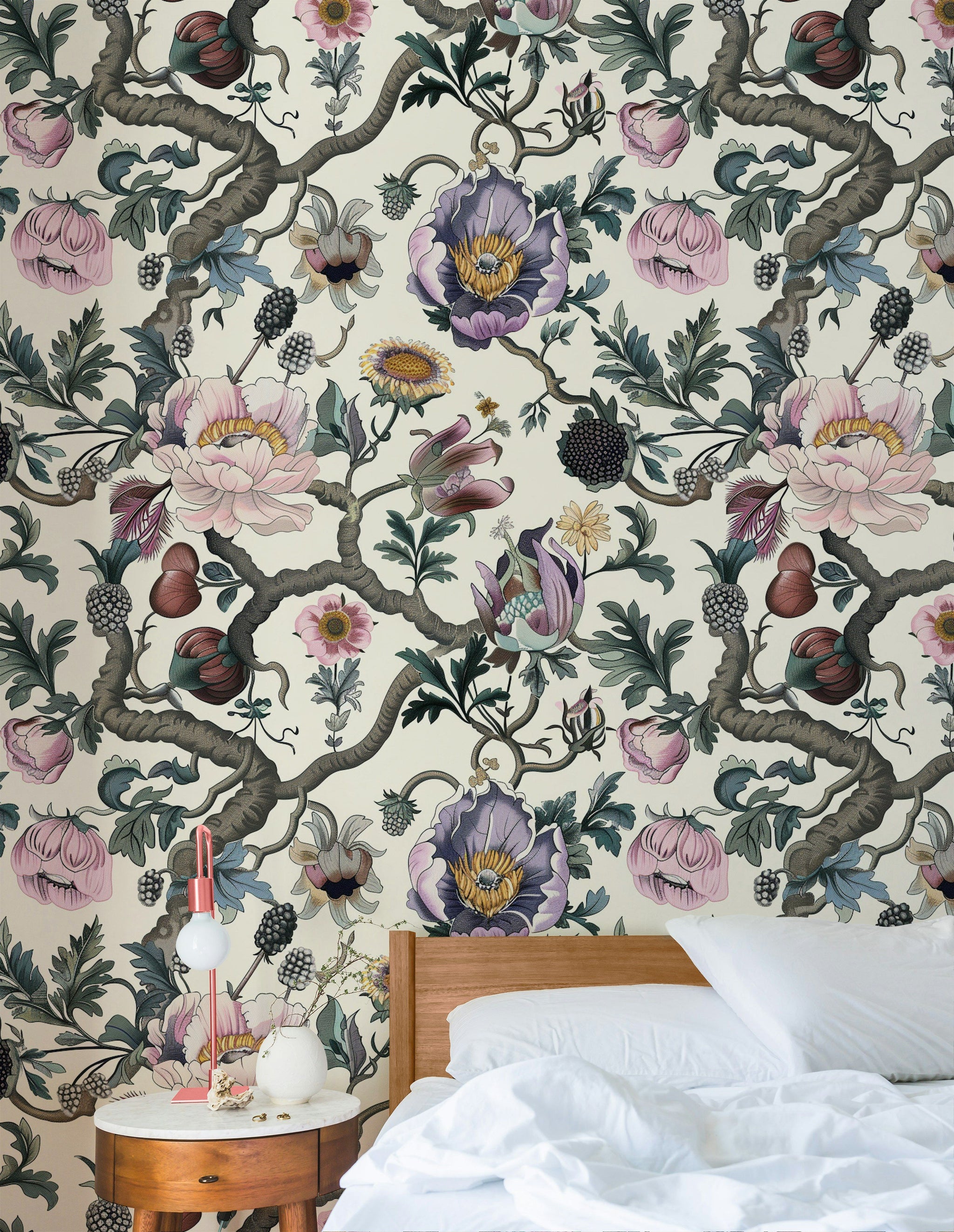 Cream Background Large Floral Botanical Wallpaper