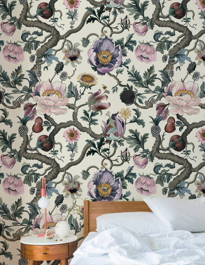 Cream Background Large Floral Botanical Wallpaper
