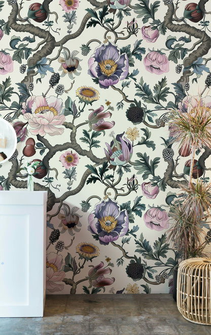 Cream Background Large Floral Botanical Wallpaper