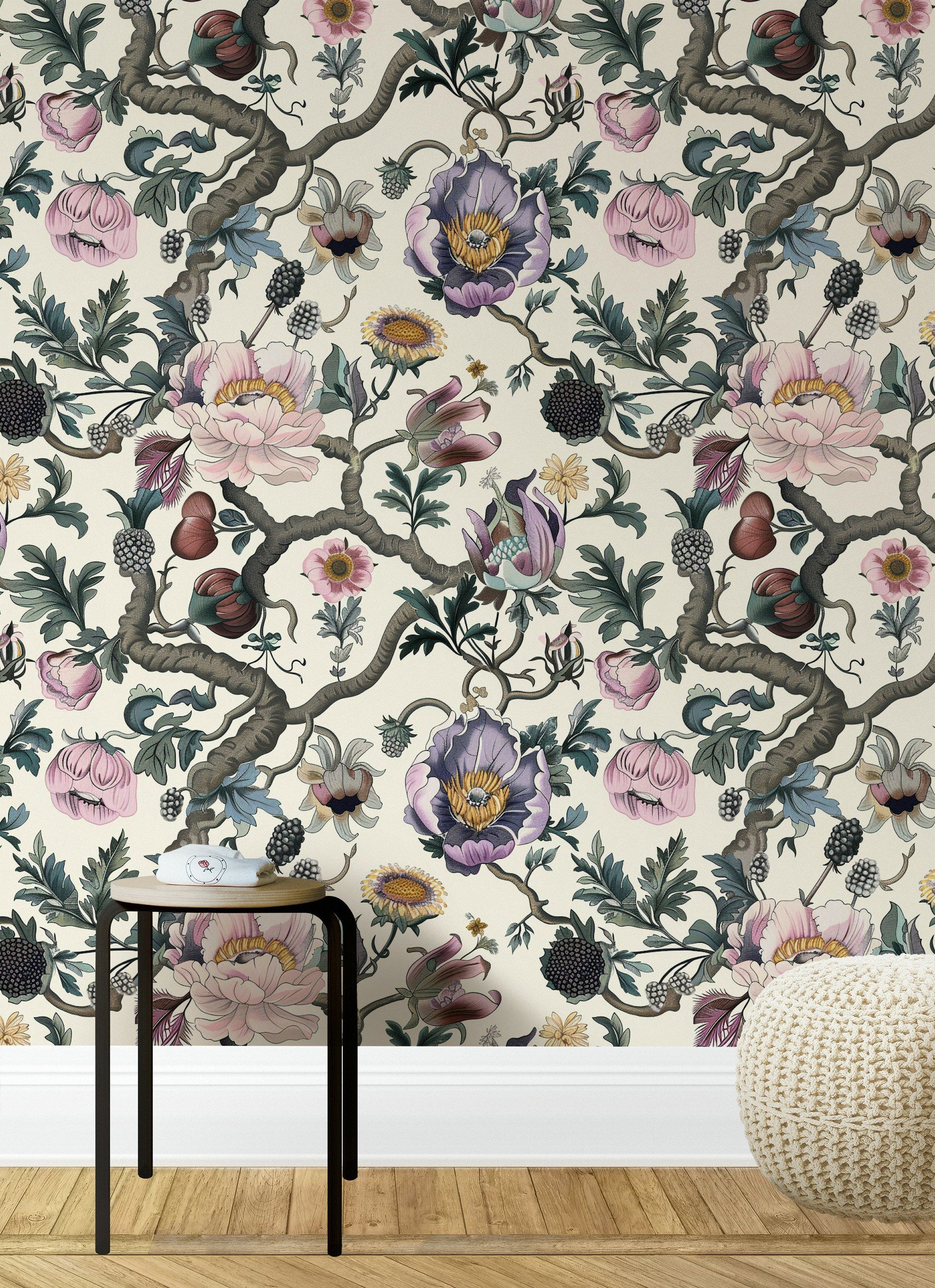 Cream Background Large Floral Botanical Wallpaper