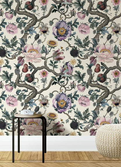 Cream Background Large Floral Botanical Wallpaper