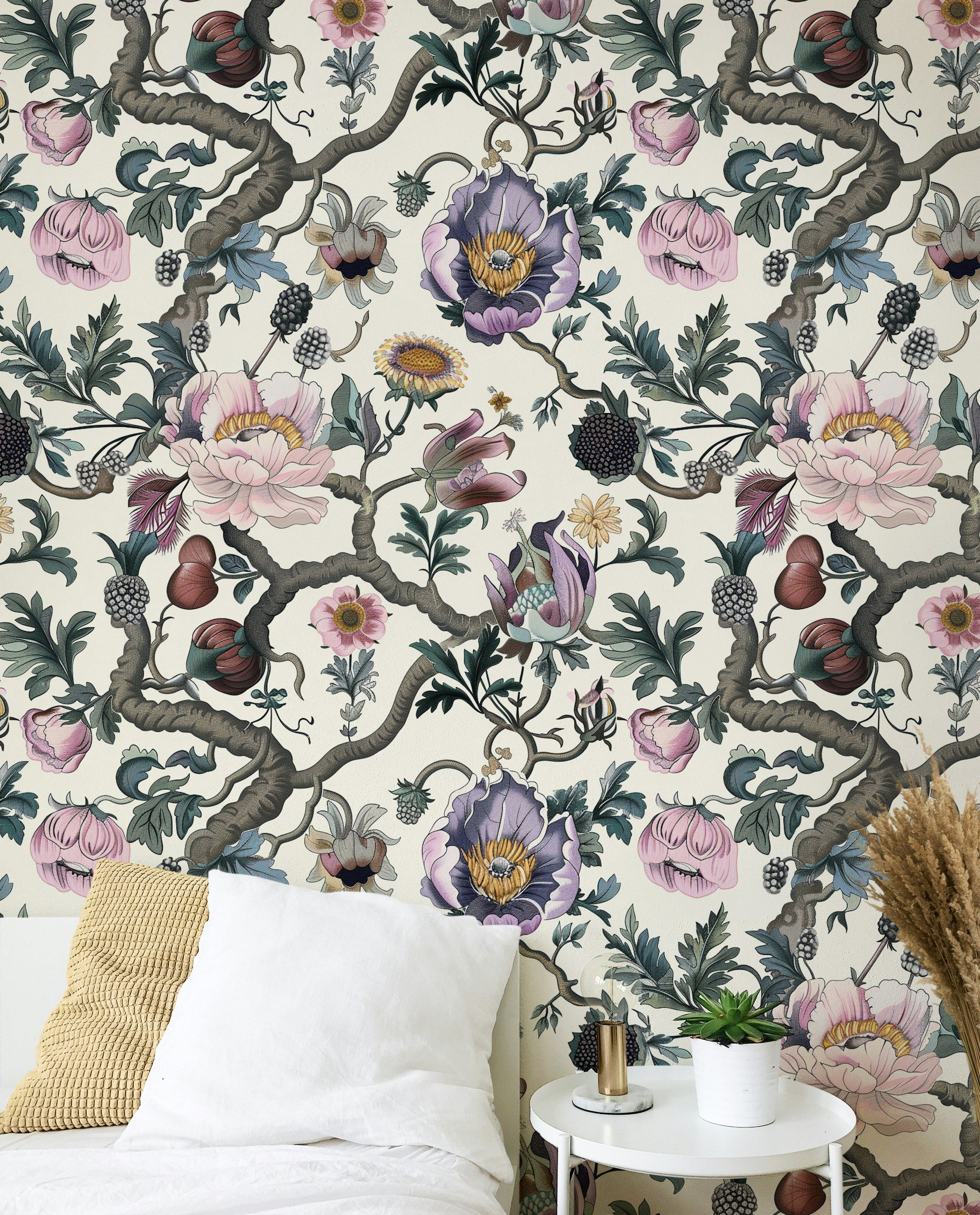 Cream Background Large Floral Botanical Wallpaper