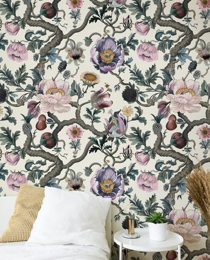 Cream Background Large Floral Botanical Wallpaper