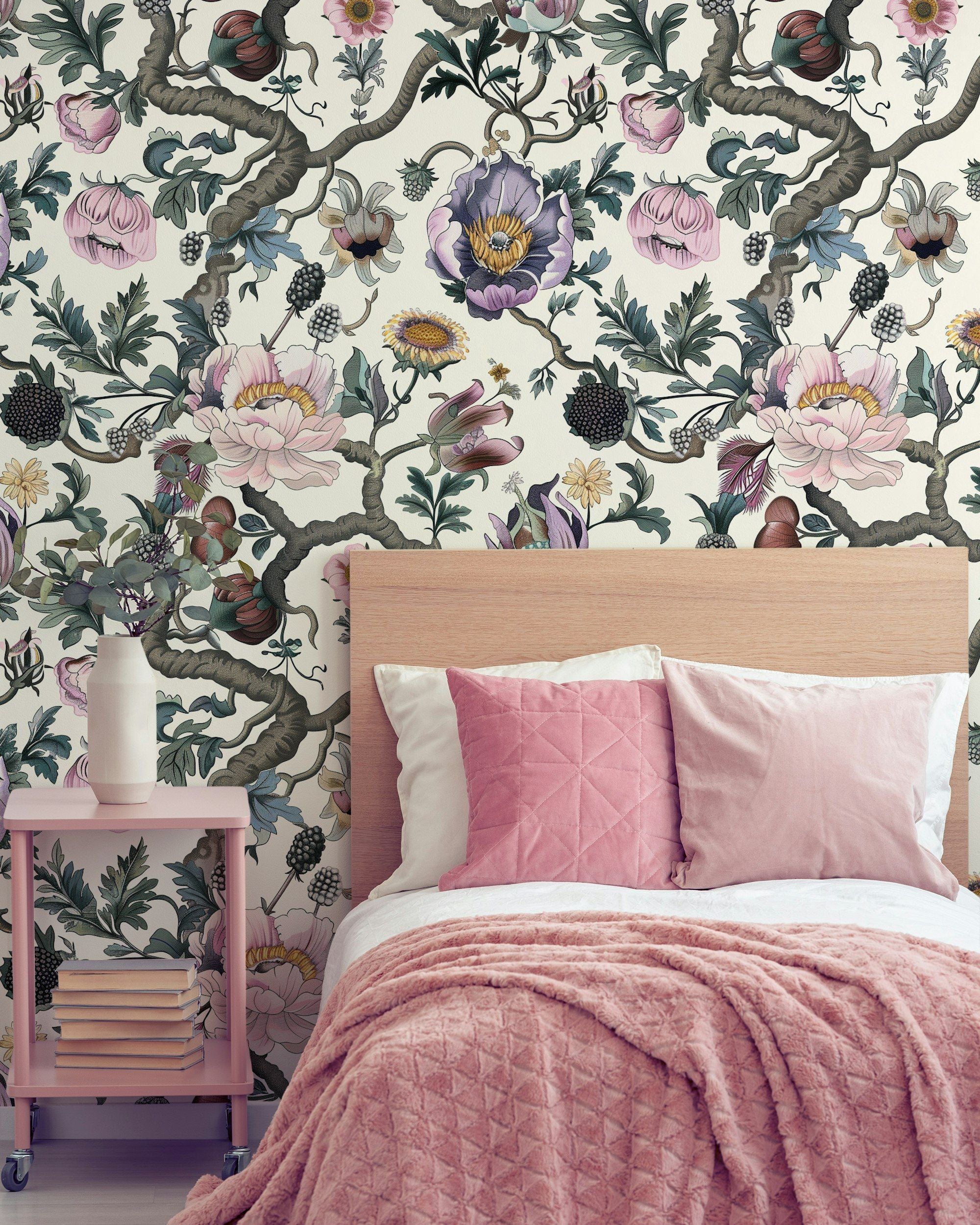 Cream Background Large Floral Botanical Wallpaper