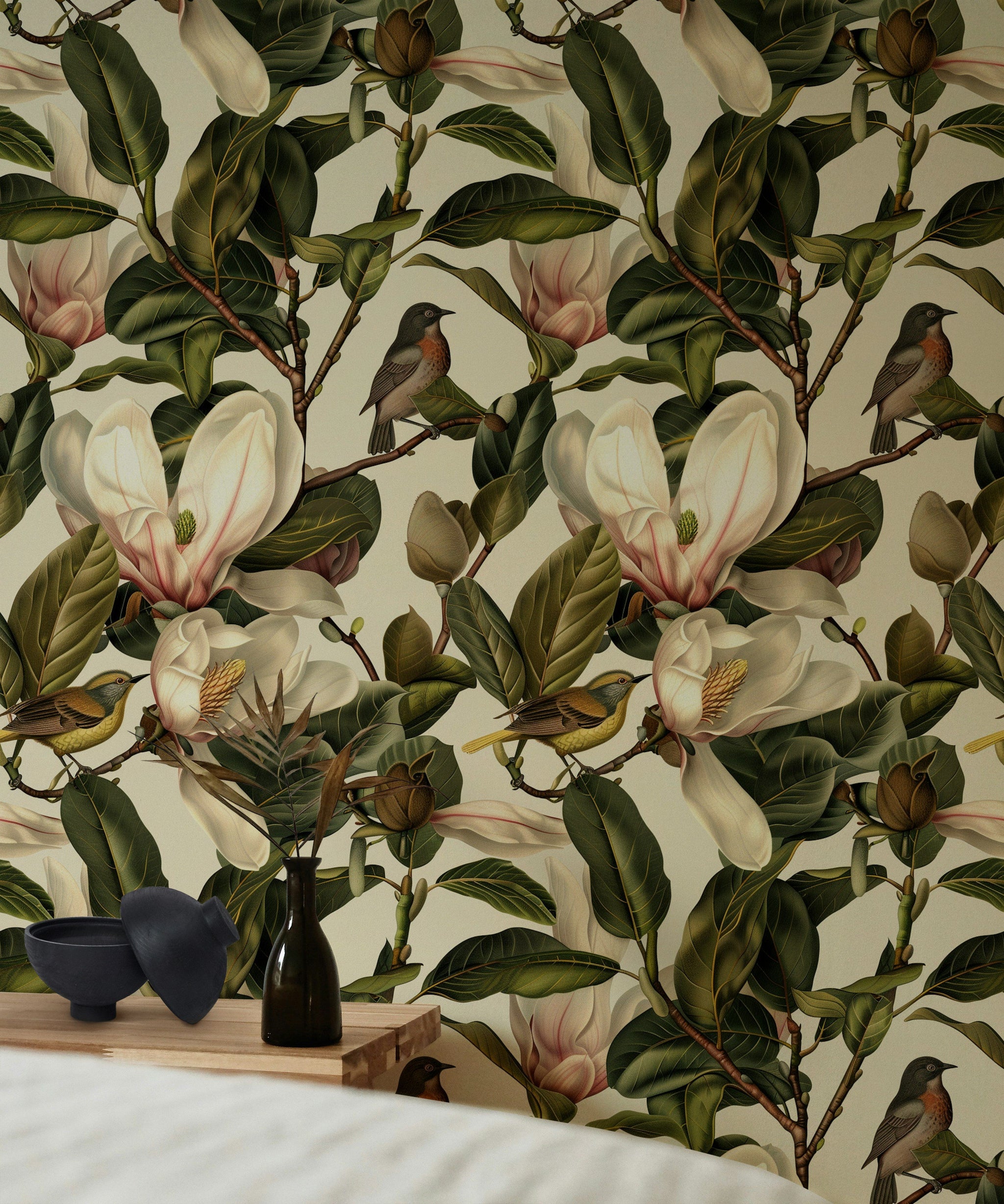 Cream Magnolia Blossom and Bird Wallpaper