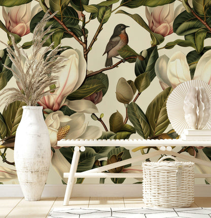Cream Magnolia Blossom and Bird Wallpaper