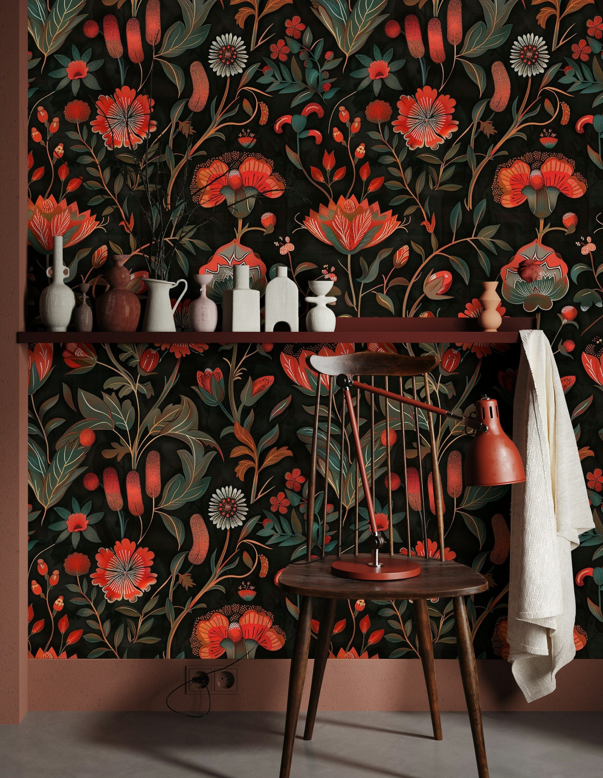 Dark Floral Fantasy Bold Pattern Wallpaper
