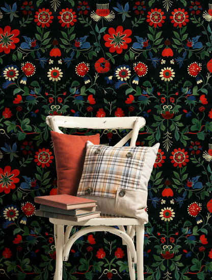 Vintage Red Floral Black Background Wallpaper