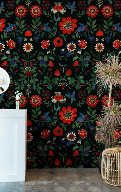 Vintage Red Floral Black Background Wallpaper