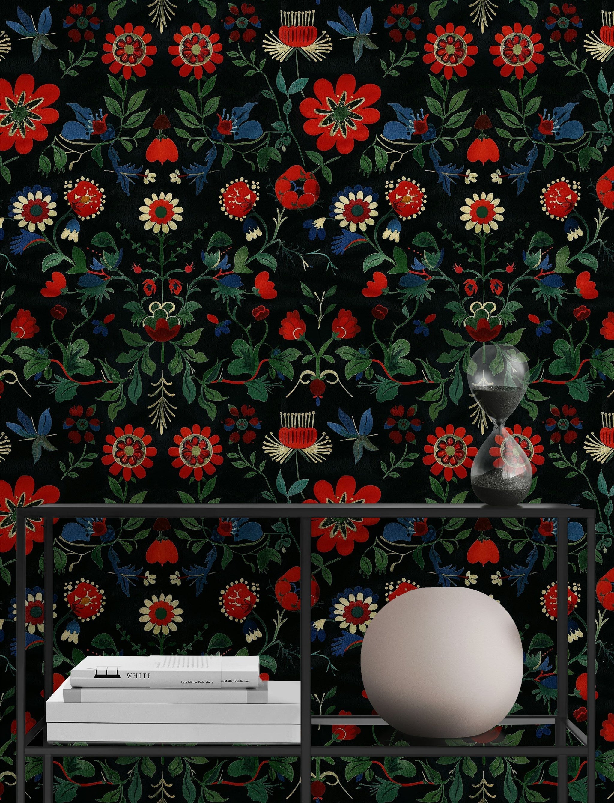 Vintage Red Floral Black Background Wallpaper