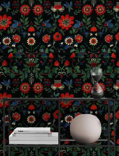 Vintage Red Floral Black Background Wallpaper