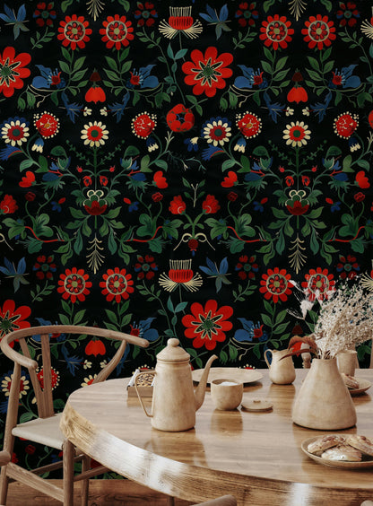 Vintage Red Floral Black Background Wallpaper