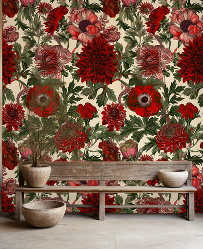 Rich Red and Beige Large Floral Wallpaper