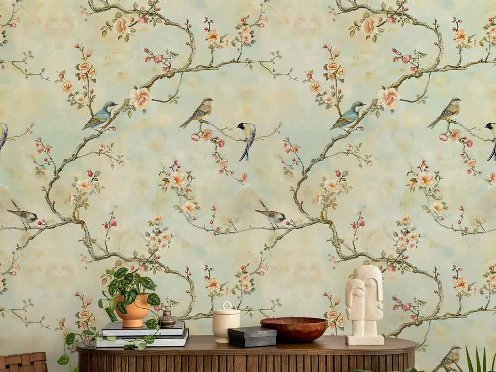 Cream Blossom Branches and Birds Wallpaper