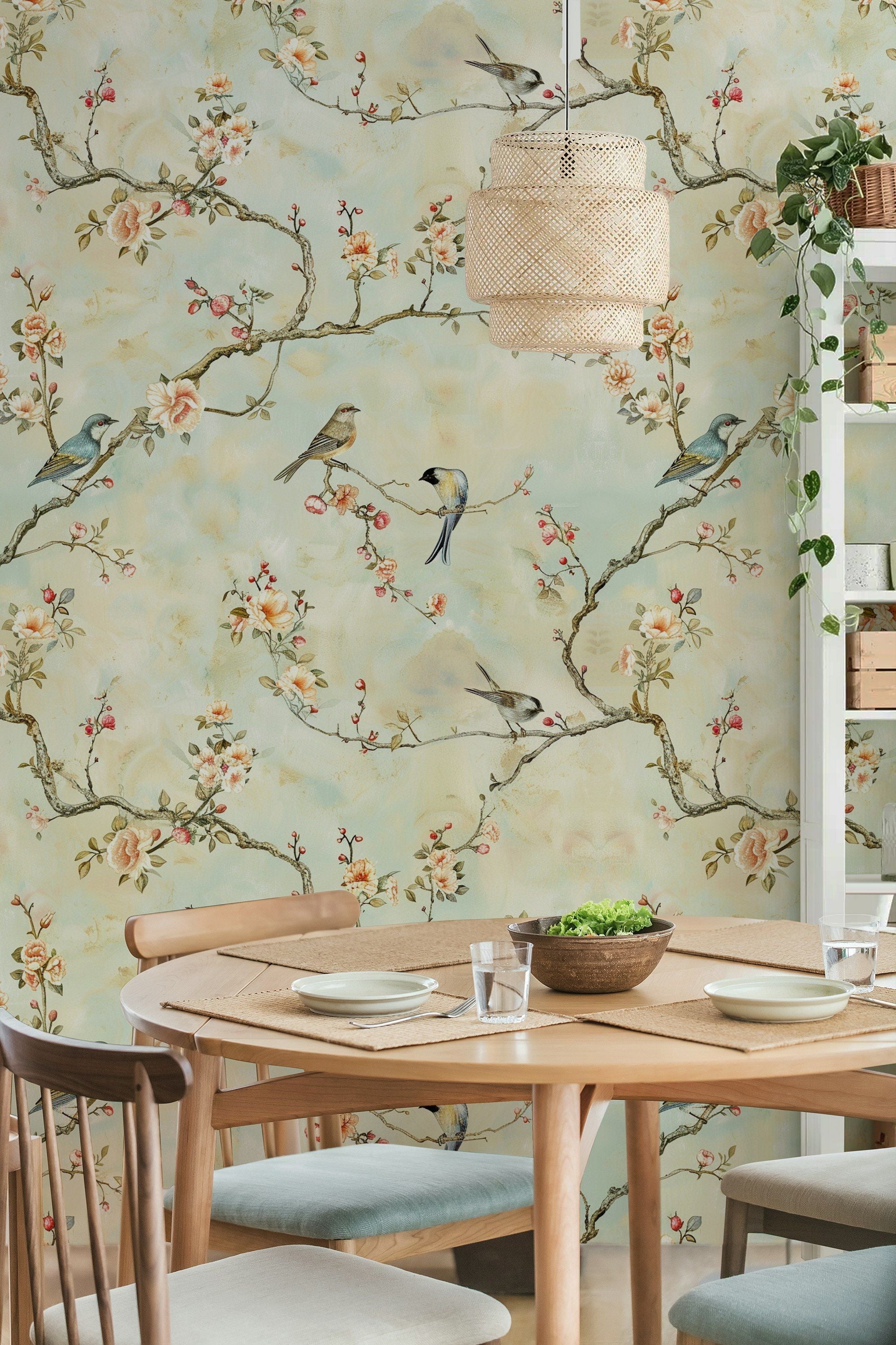 Cream Blossom Branches and Birds Wallpaper
