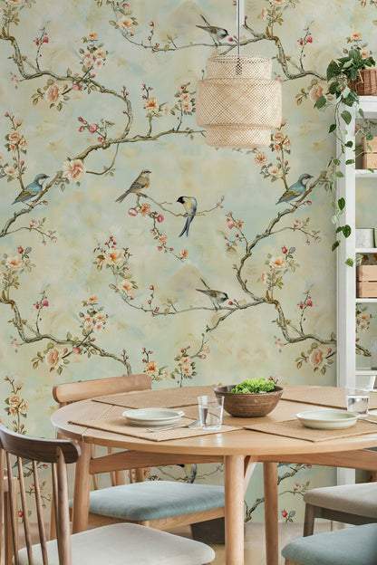 Cream Blossom Branches and Birds Wallpaper