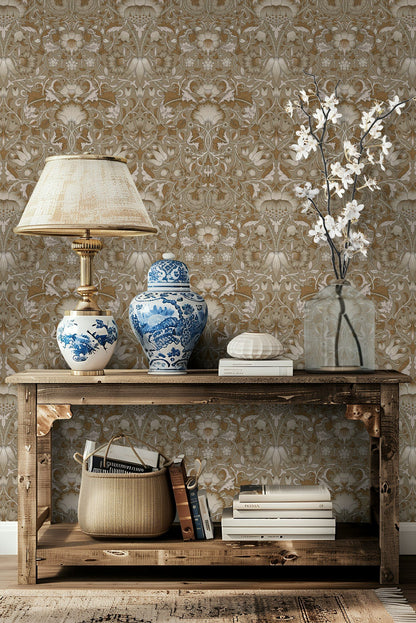 Vintage Floral Wallpaper Beige Ornate Damask Wall Mural