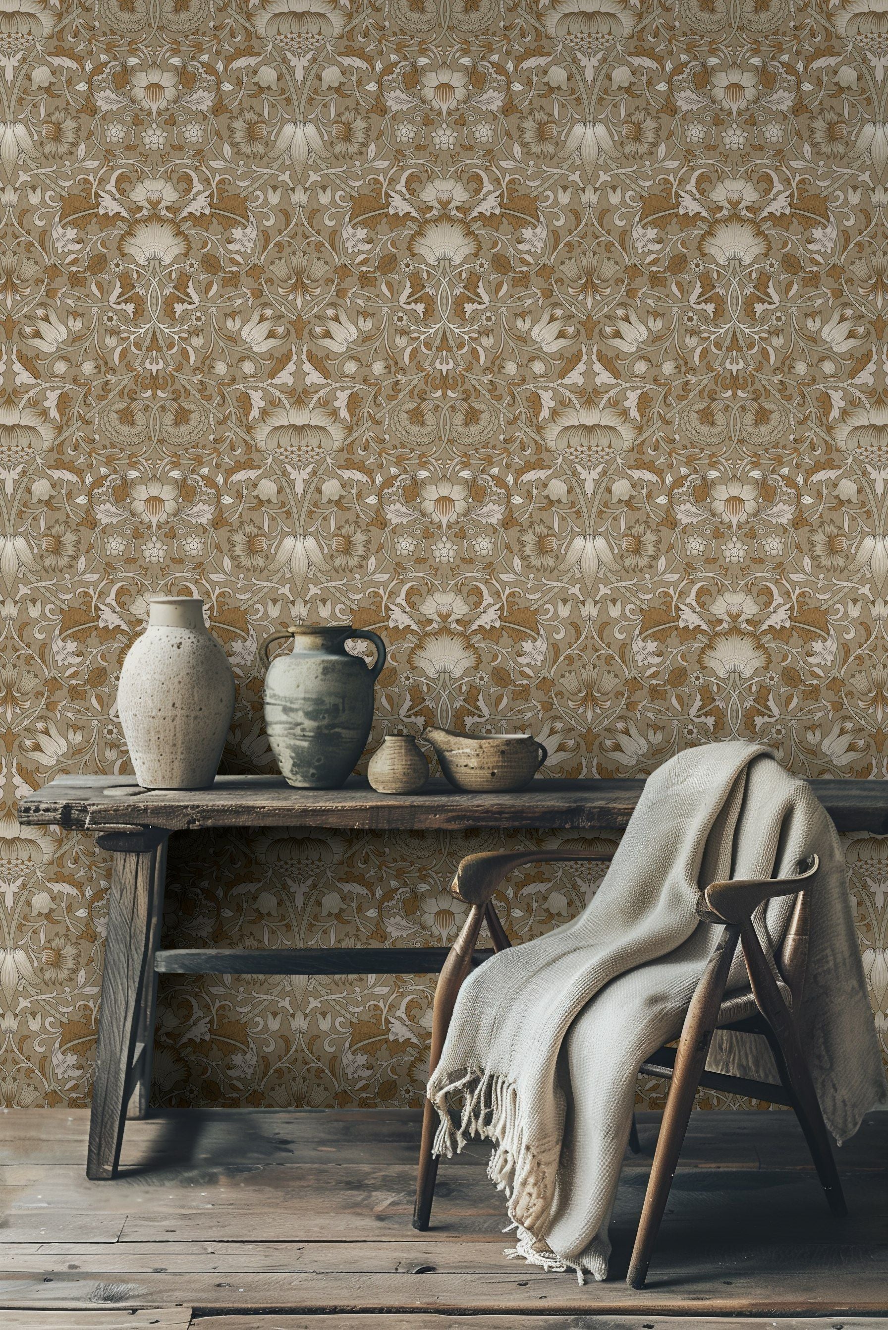 Vintage Floral Wallpaper Beige Ornate Damask Wall Mural