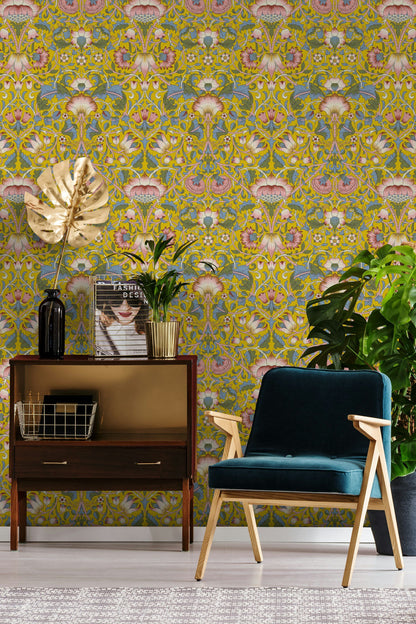 Art Nouveau Floral Wallpaper Mustard Botanical Pattern Wall Mural
