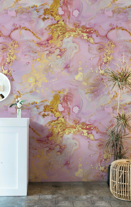 Pink and Gold Look Swirl Marble Effect Wallpaper