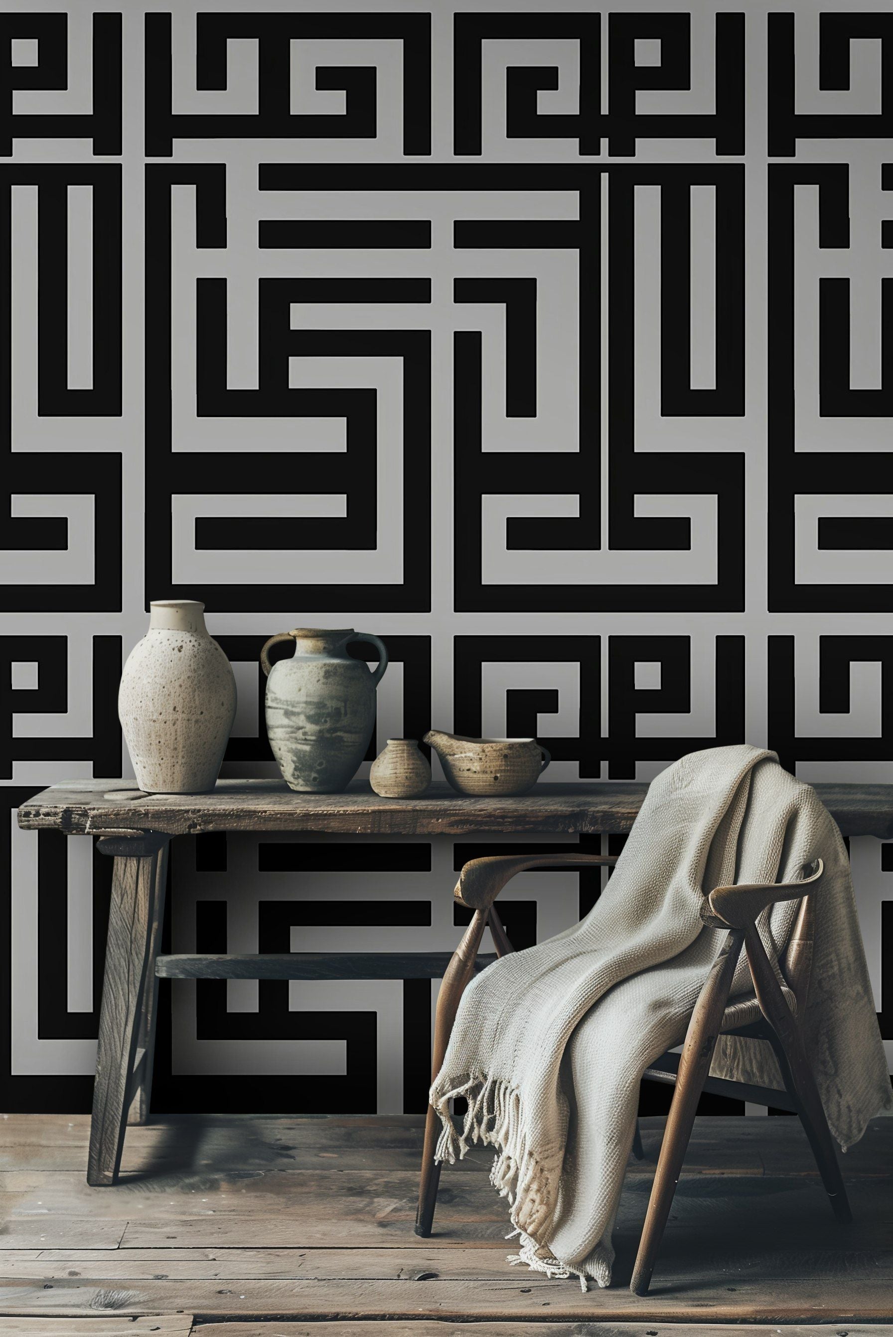 Graphite Gray and Black Geometric Maze Wallpaper