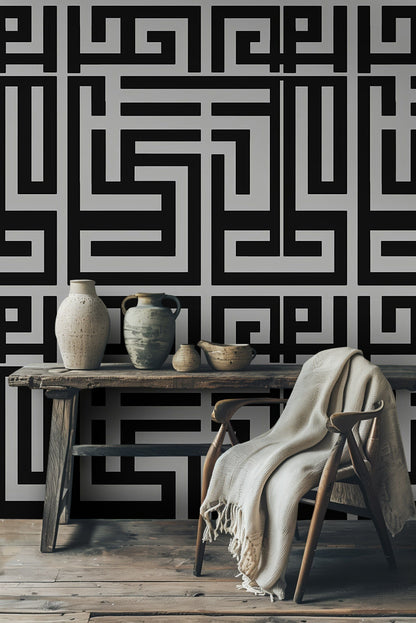Graphite Gray and Black Geometric Maze Wallpaper