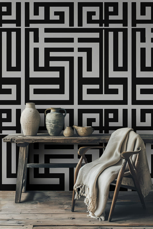 Modern Geometric Maze Pattern Wallpaper Black Wall Mural