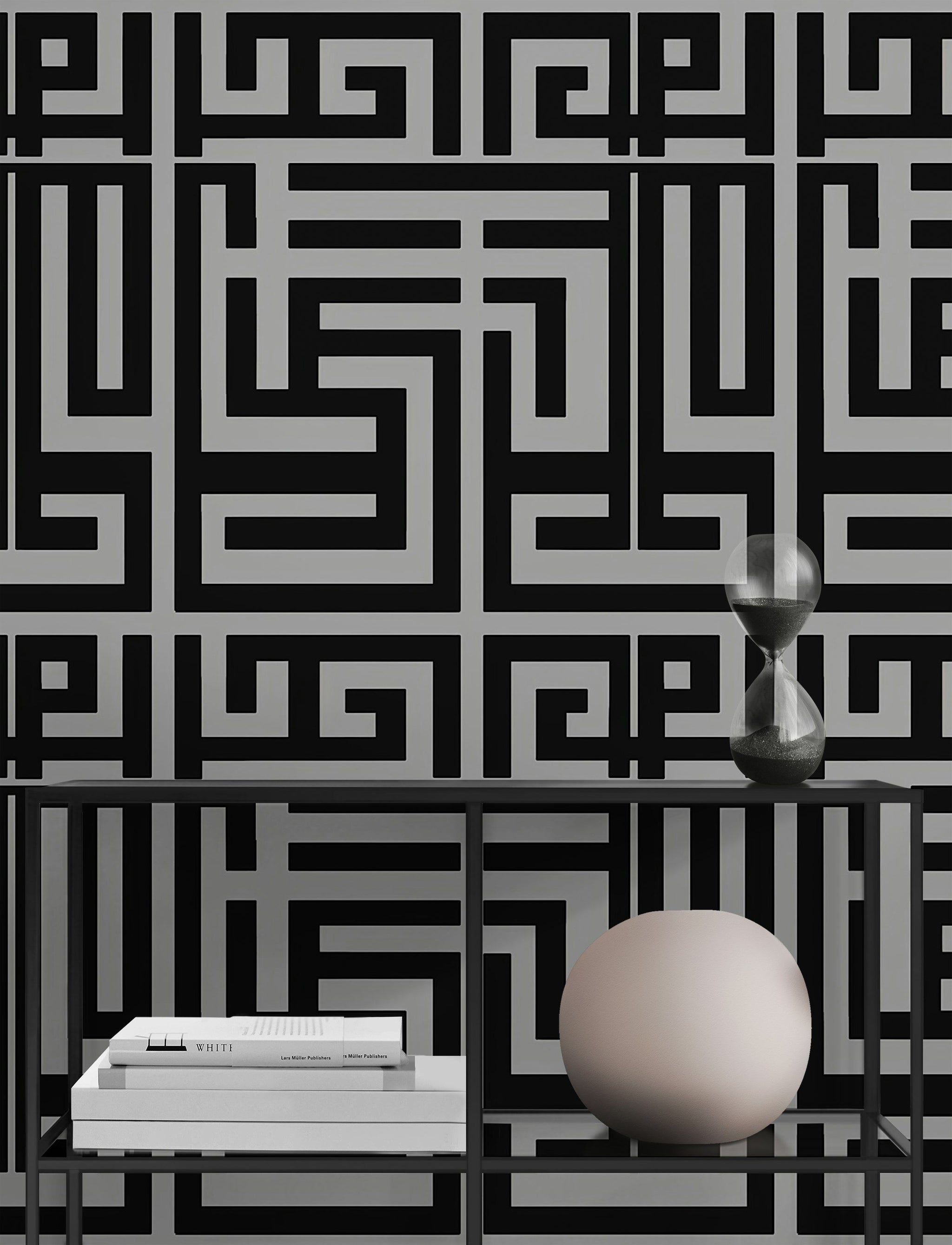 Graphite Gray and Black Geometric Maze Wallpaper