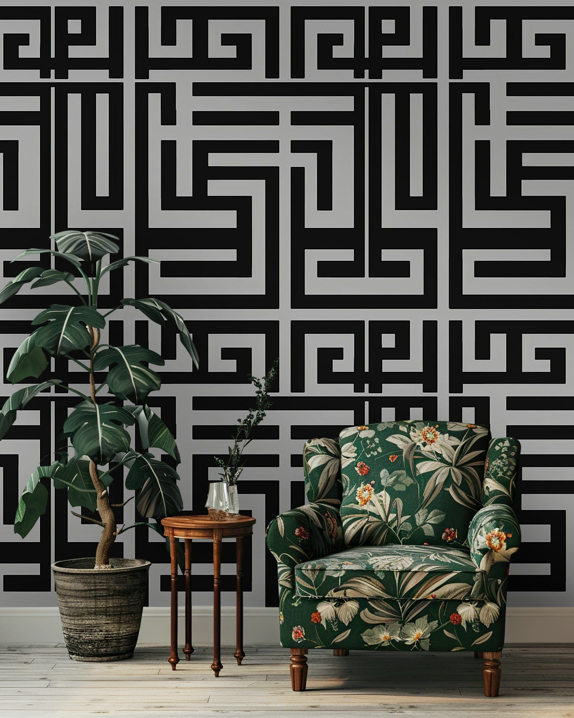 Graphite Gray and Black Geometric Maze Wallpaper