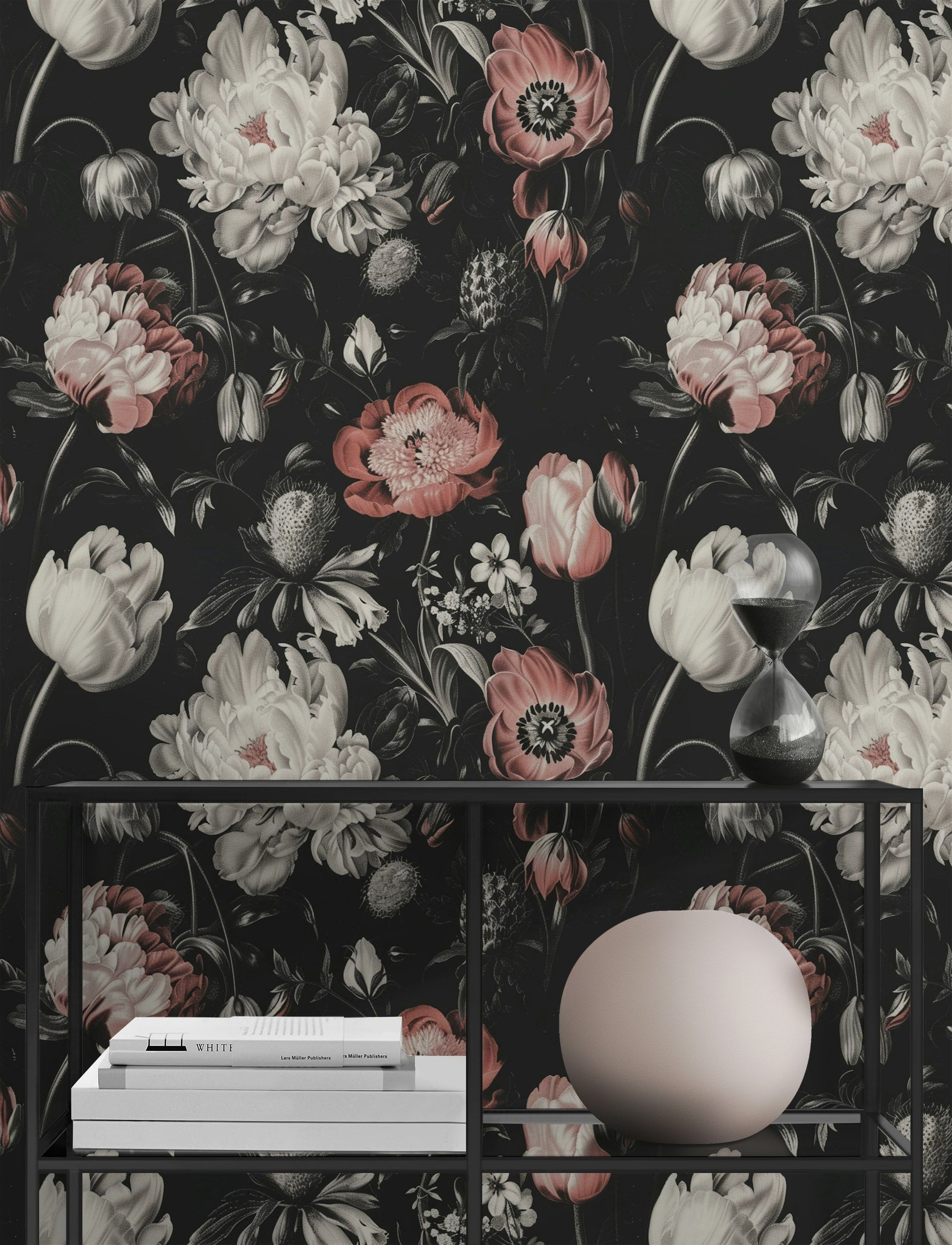 Moody Black and Pink Large Floral Wallpaper