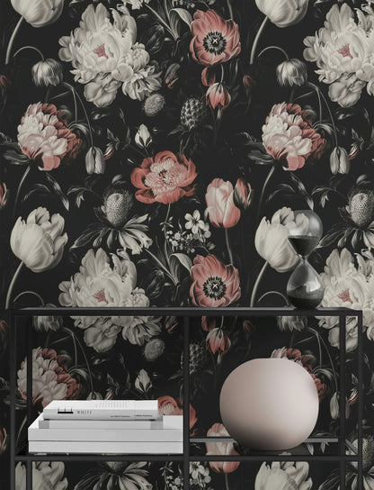 Moody Black and Pink Large Floral Wallpaper