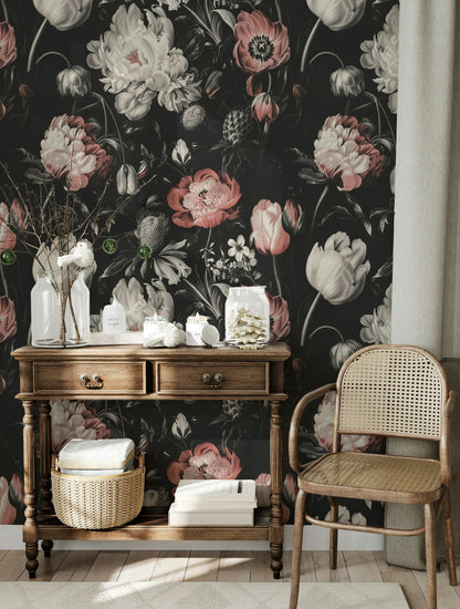 Moody Black and Pink Large Floral Wallpaper