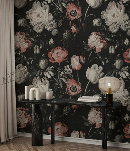 Moody Black and Pink Large Floral Wallpaper