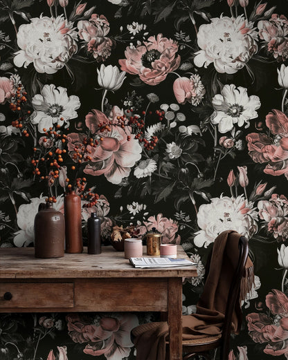 Vintage Black and Pink Large Floral Wallpaper