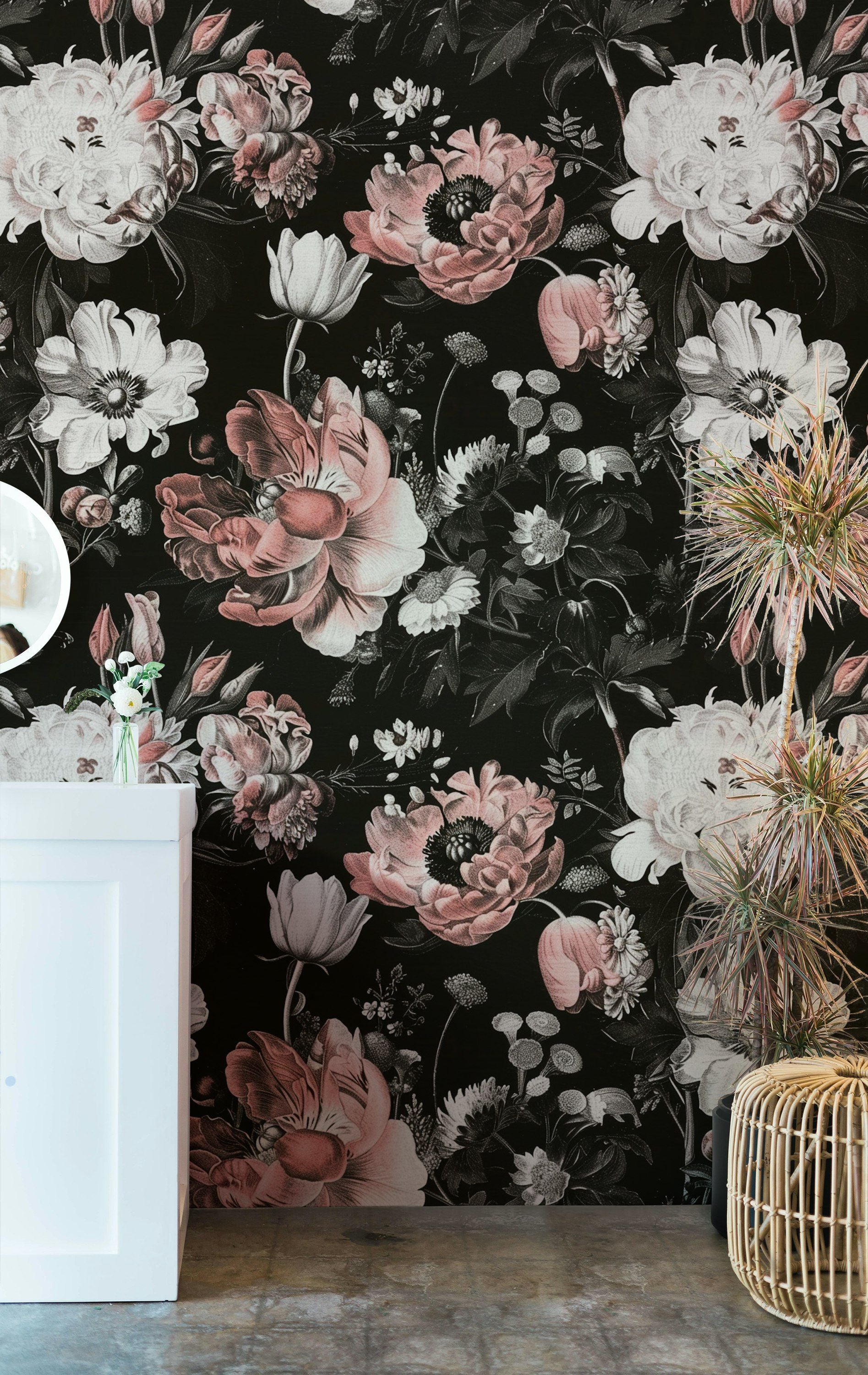 Vintage Black and Pink Large Floral Wallpaper