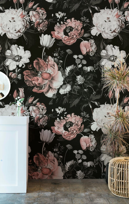 Vintage Black and Pink Large Floral Wallpaper