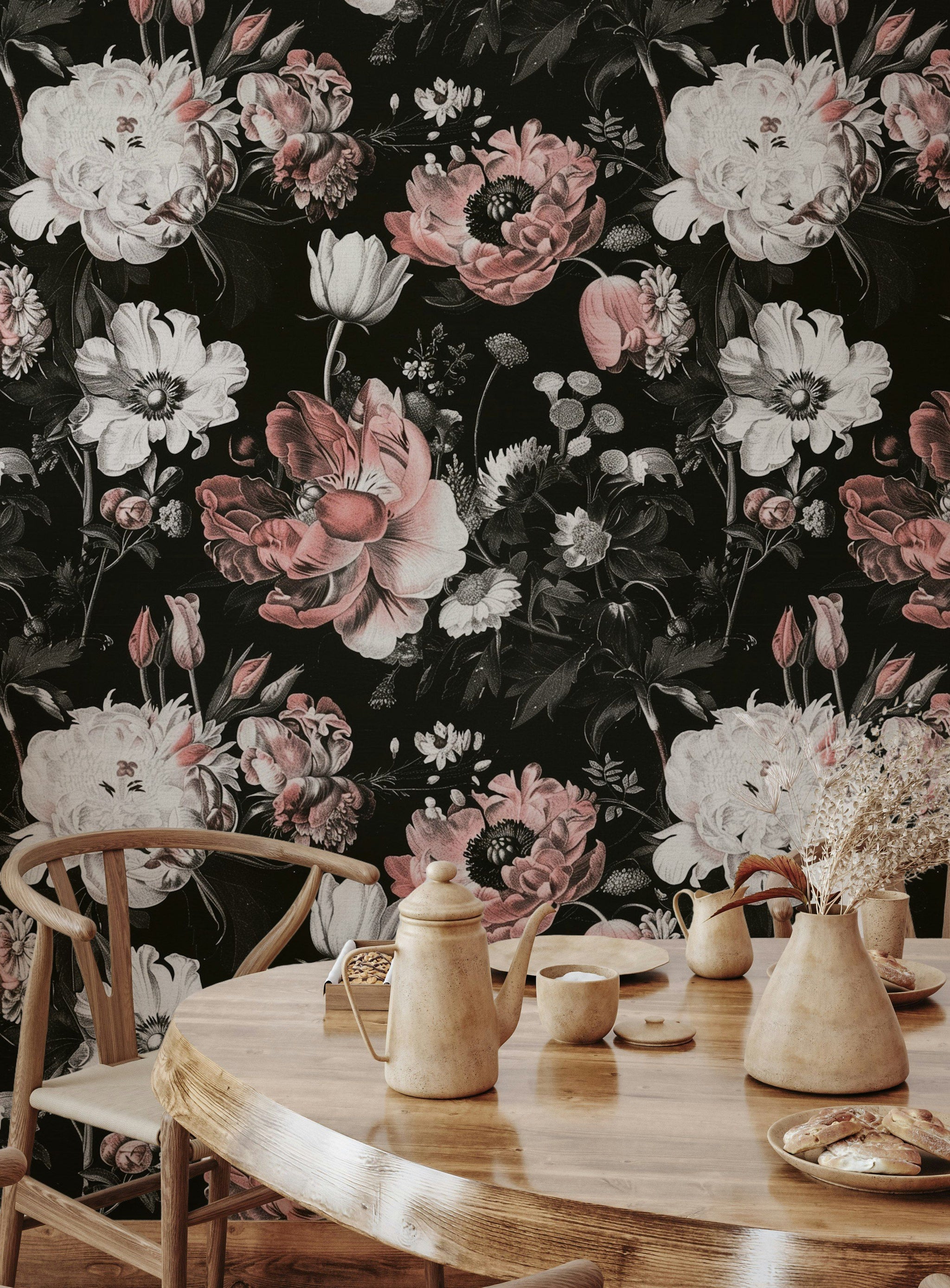 Vintage Black and Pink Large Floral Wallpaper